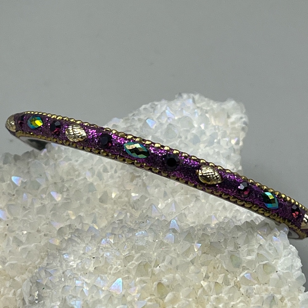 Vintage Inspired Purple & iridescent Beaded Gold Accent Bangle Bracelet